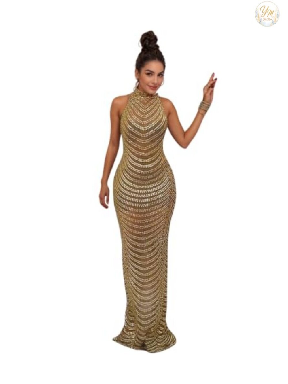 Women's Rhinestone Mesh Bodycon Party Night Prom Dress Halter Backless